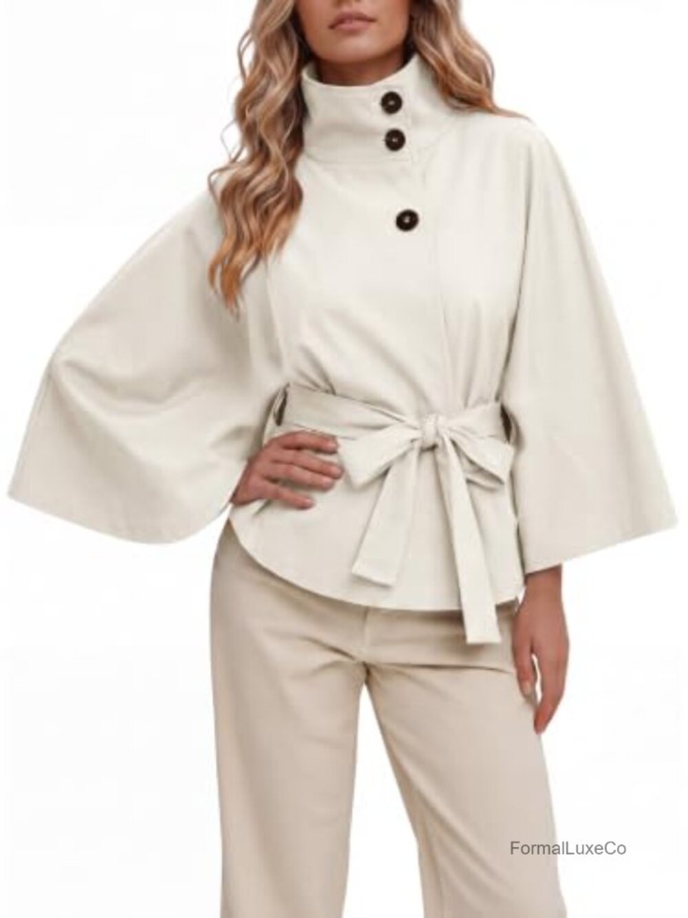 Cropped Trench Coat Cape Sleeve Belted Jacket
